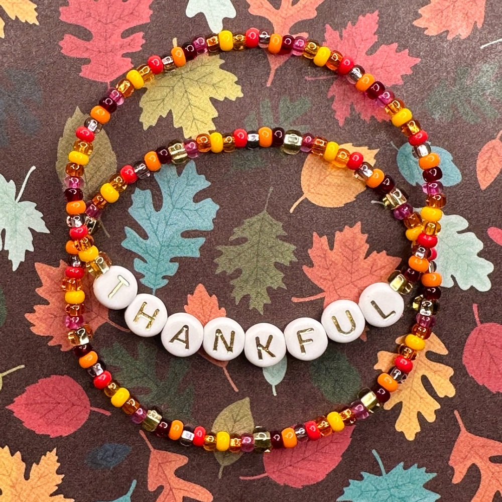 Thankful Bracelet Set Glass Seed Beads Gold Colored Letter Beads Stretchy